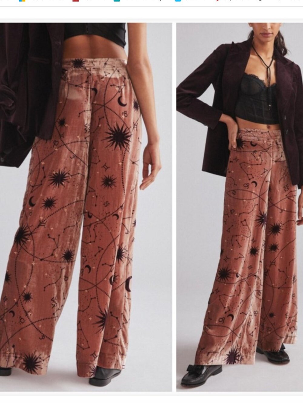Anthropologie Embroidered Velvet Wide-Leg Pants Celestial Zodiac Brown Size 8 - Picture 1 of 13